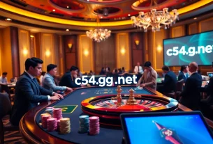 High-stakes players enjoying casino games at c54.gb.net with vibrant chips and roulette.