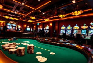 Experience exciting gambling at 69vn.gb.net with a vibrant casino scene featuring poker tables and slot machines.