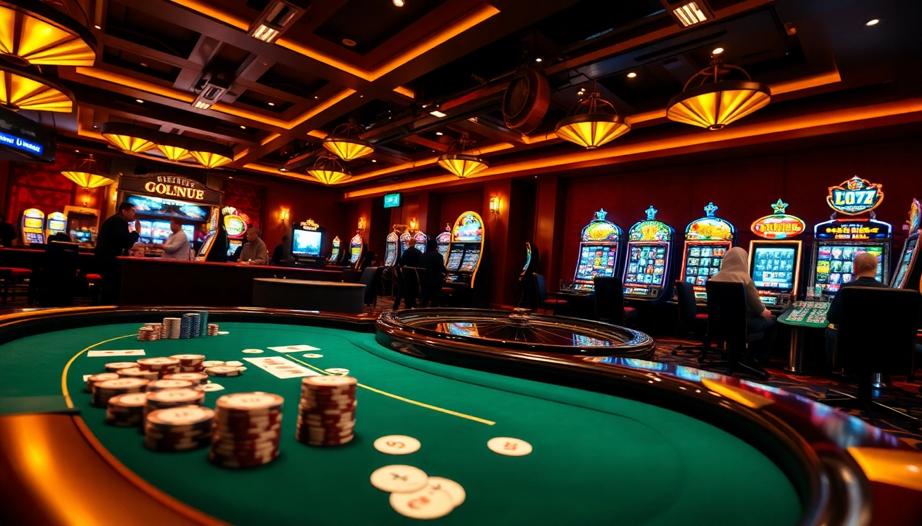 Experience exciting gambling at 69vn.gb.net with a vibrant casino scene featuring poker tables and slot machines.