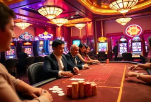 Exciting gambling scene at fun79 trang chủ with players at a poker table and vibrant casino elements.