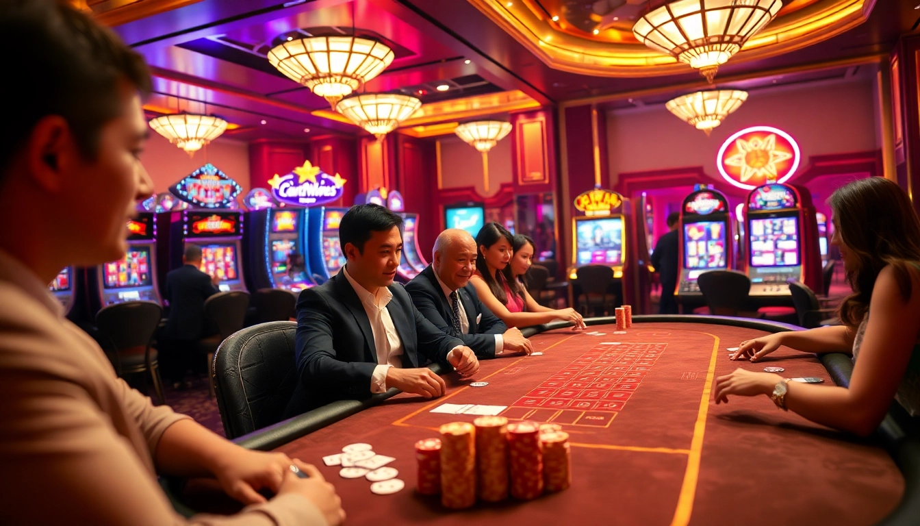 Exciting gambling scene at fun79 trang chủ with players at a poker table and vibrant casino elements.