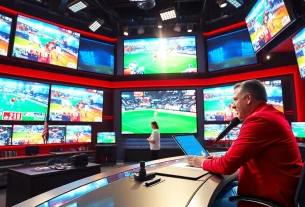 Host broadcasting in a vibrant sports broadcasting studio with dynamic visuals.