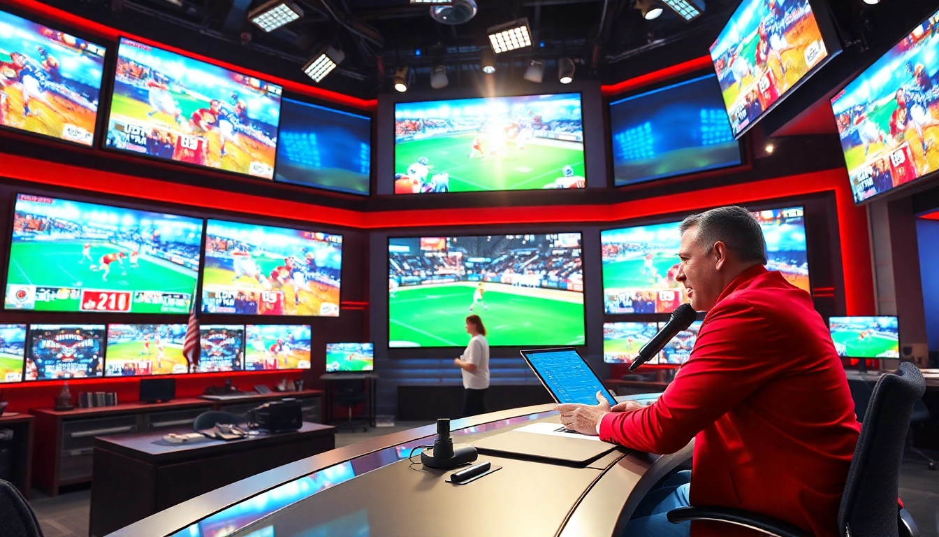 Host broadcasting in a vibrant sports broadcasting studio with dynamic visuals.