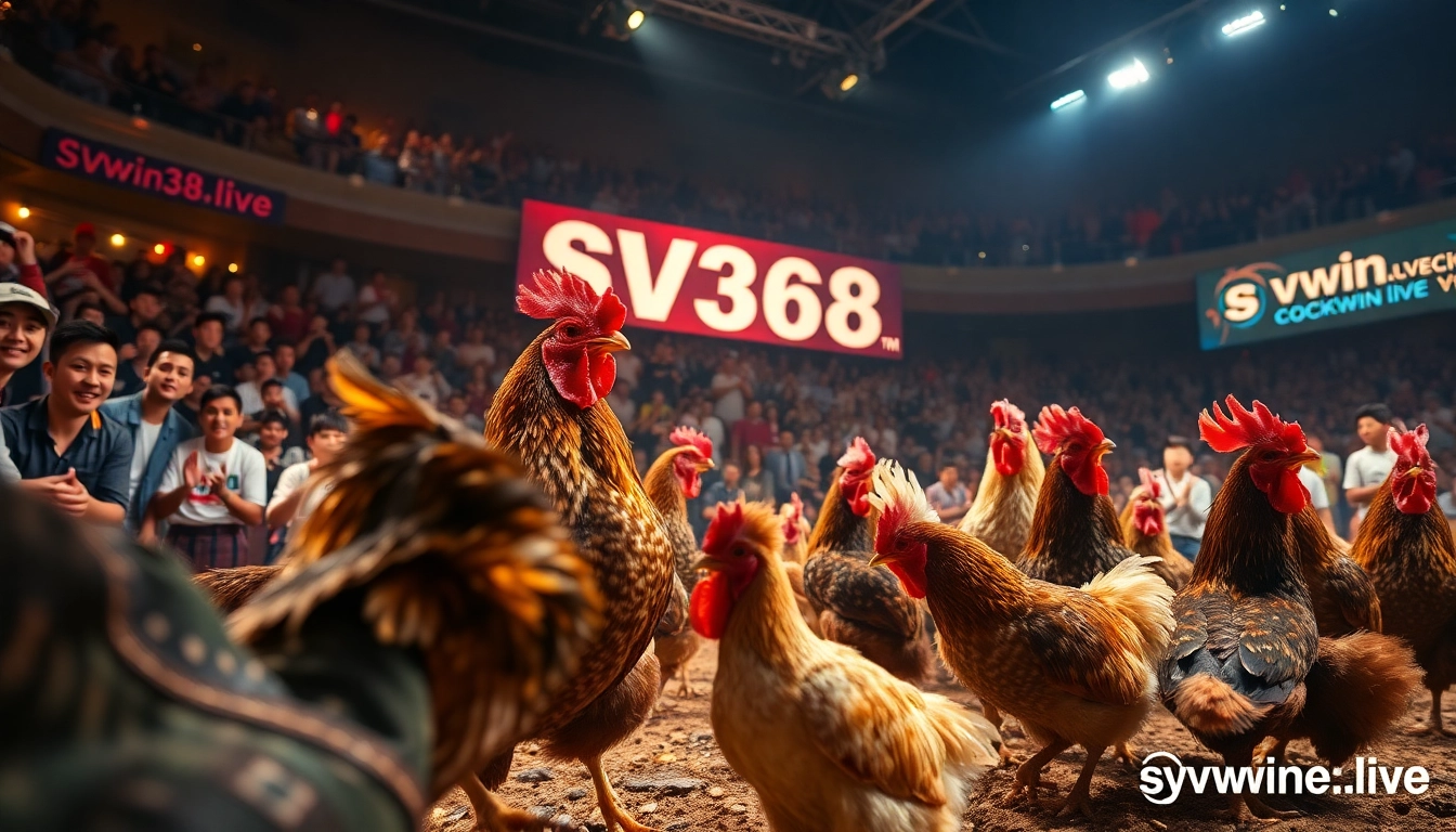 Exclusive live cockfighting event at sv368win.live, showcasing vibrant chickens and an excited crowd.