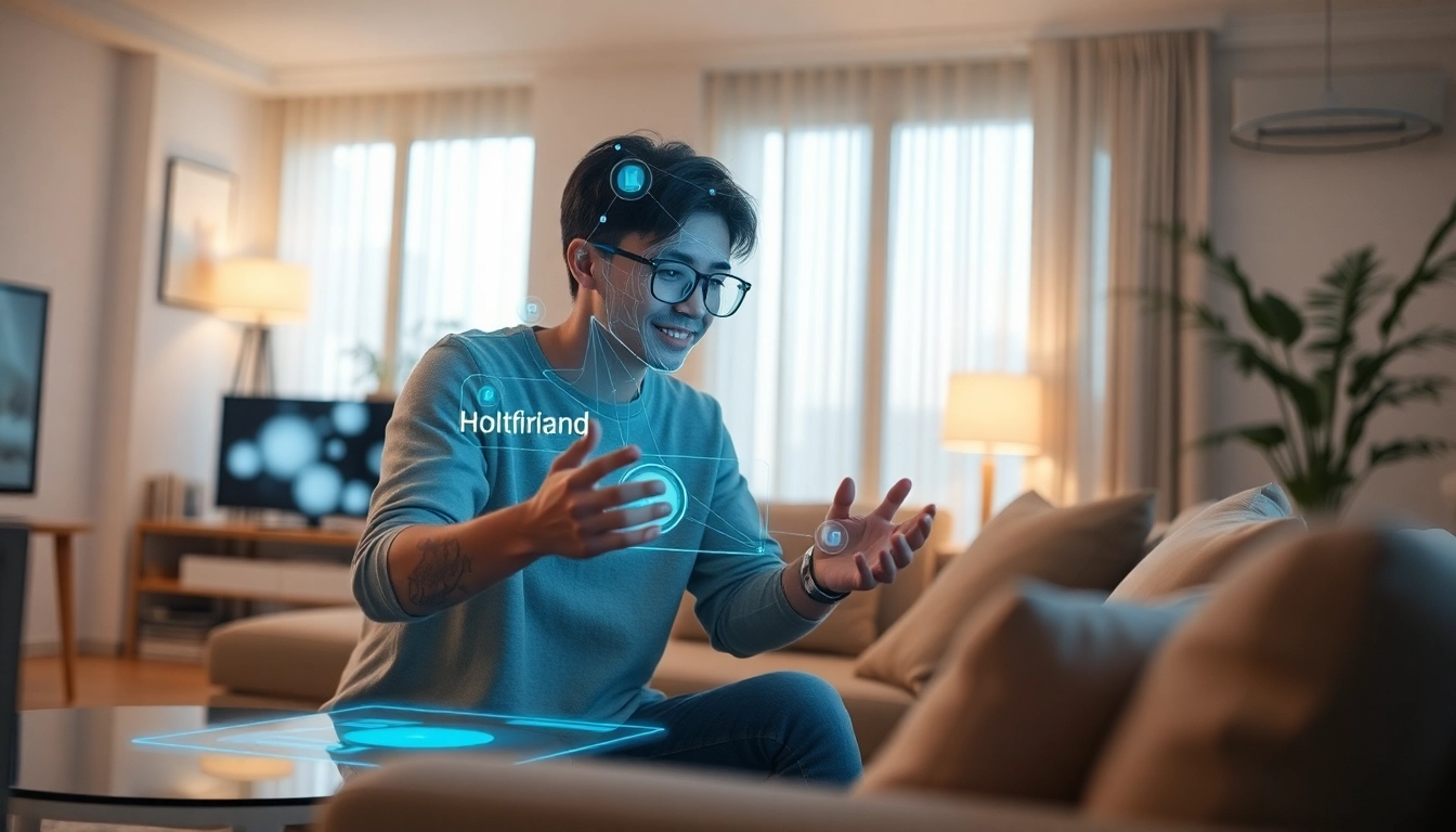 Interaction with a lifelike girlfriend AI in a cozy modern living room.