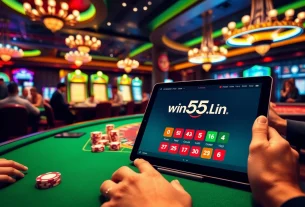 An engaging scene at win55win.live showcasing lively casino games with vibrant tables and excited players.