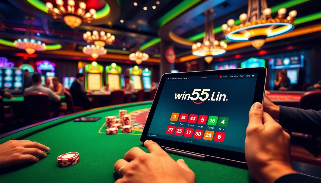 An engaging scene at win55win.live showcasing lively casino games with vibrant tables and excited players.