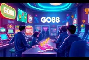 Engaging gaming scene representing GO88, with players enjoying poker and slots, capturing the excitement of online gaming at dittytalk.com.