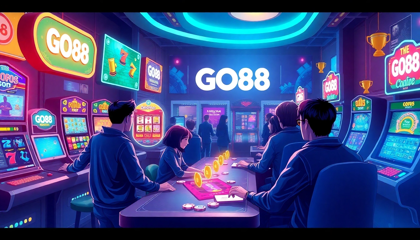 Engaging gaming scene representing GO88, with players enjoying poker and slots, capturing the excitement of online gaming at dittytalk.com.