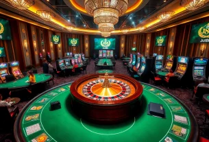 Experience the excitement of jun88 phiên bản 2 with a vibrant casino scene showcasing tables and games.