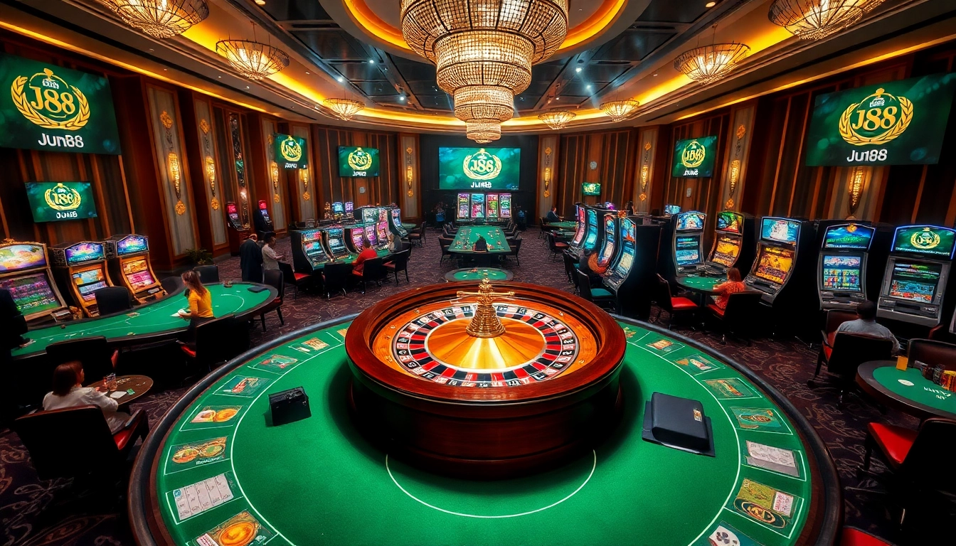 Experience the excitement of jun88 phiên bản 2 with a vibrant casino scene showcasing tables and games.