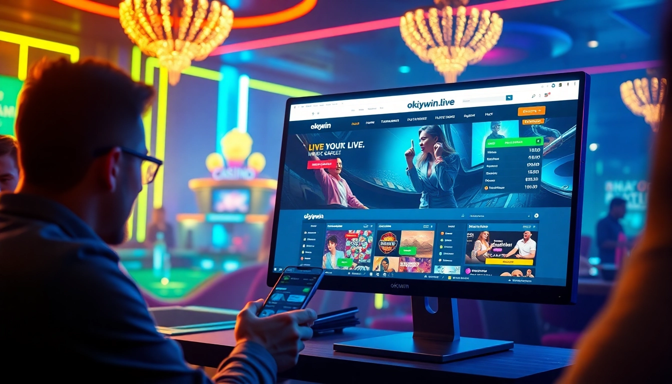 Online betting scene featuring okvipwin.live with vibrant virtual casino games and users engaged in betting.