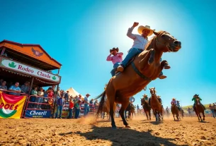 Exciting rodeo scene featuring cowboys in action at 888b.rodeo, with cheering crowds and vibrant atmosphere.