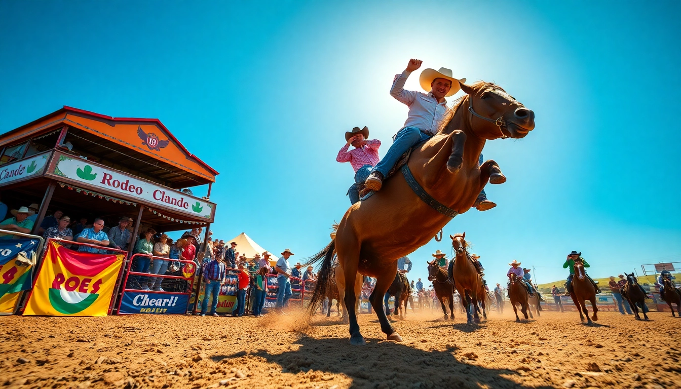 Exciting rodeo scene featuring cowboys in action at 888b.rodeo, with cheering crowds and vibrant atmosphere.