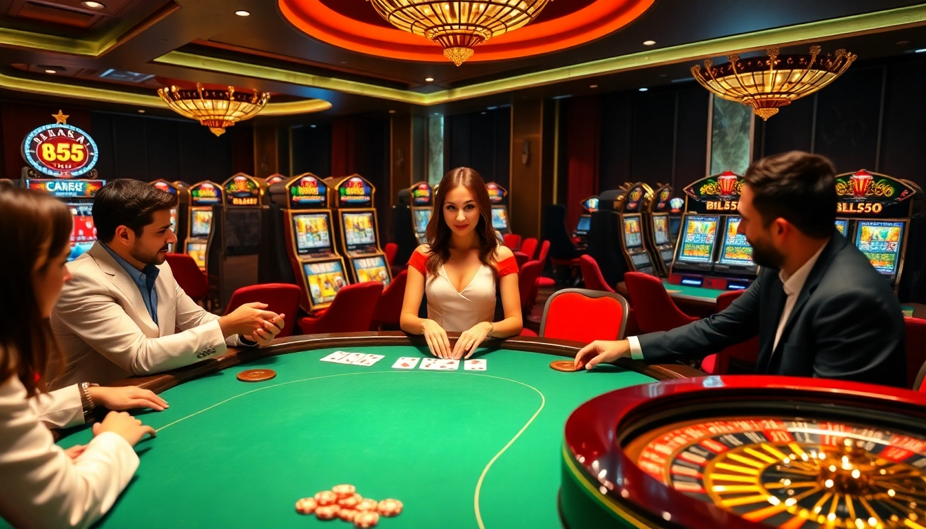 Players engrossed in a thrilling game at BL555's luxurious casino table.