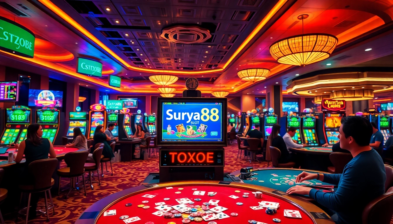 Pemain yang terlibat menikmati mesin slot Surya88 di lingkungan kasino mewah, penuh dengan kegembiraan.