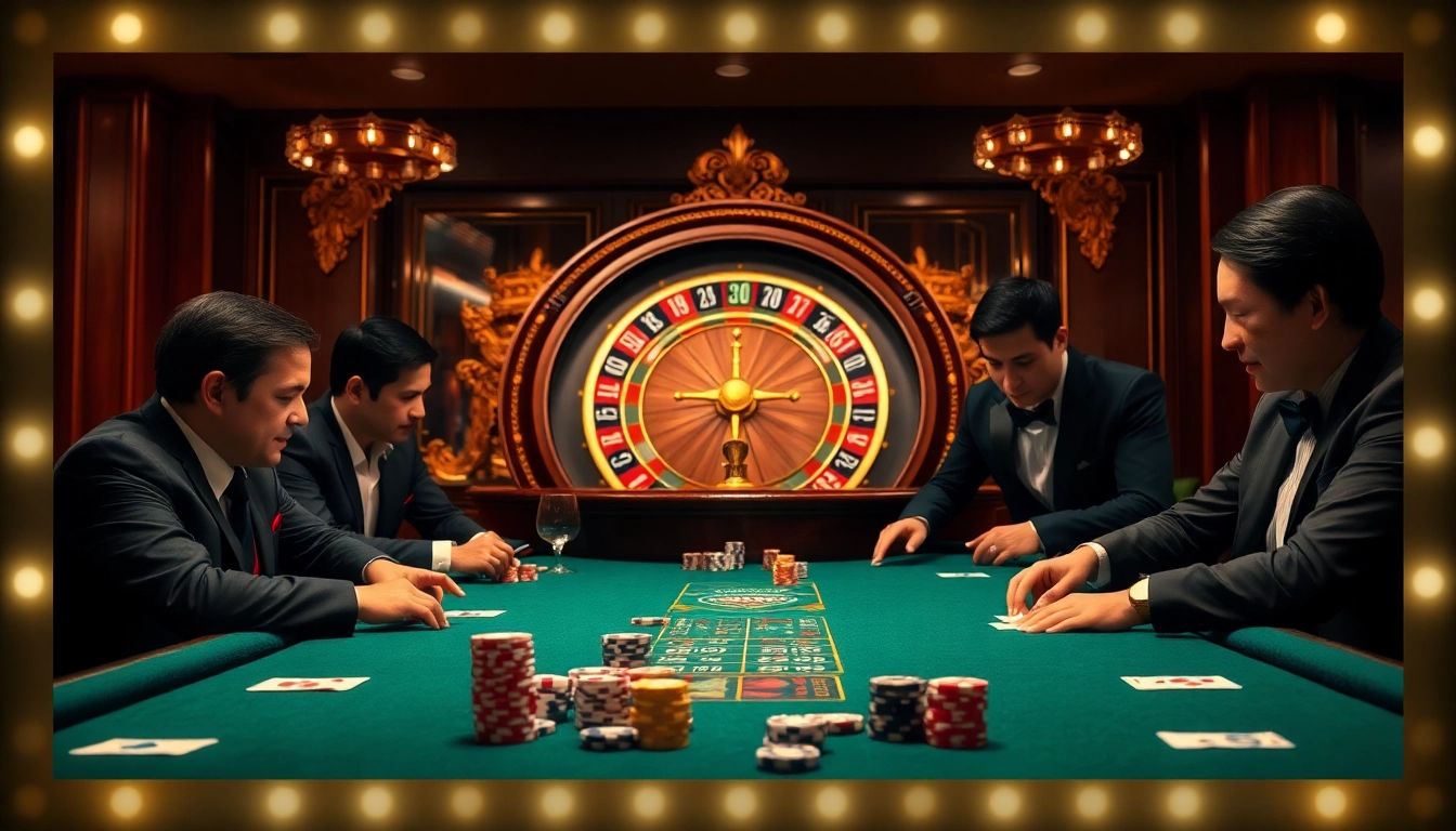 Engaged players competing in a poker game at a luxurious table, showcasing https://bem88.com as an elite casino option.