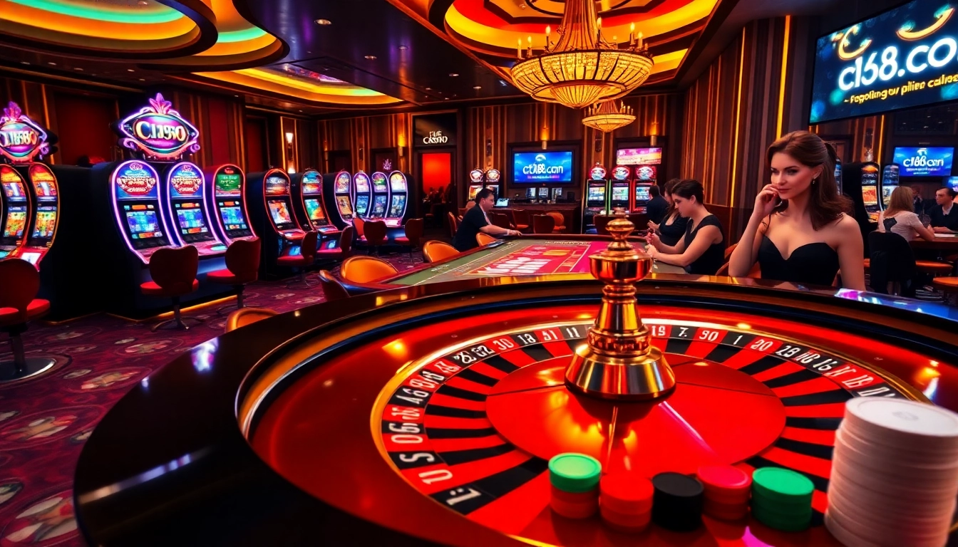 Thrilling casino gaming experience at c168.com with roulette, poker, and vibrant slot machines.