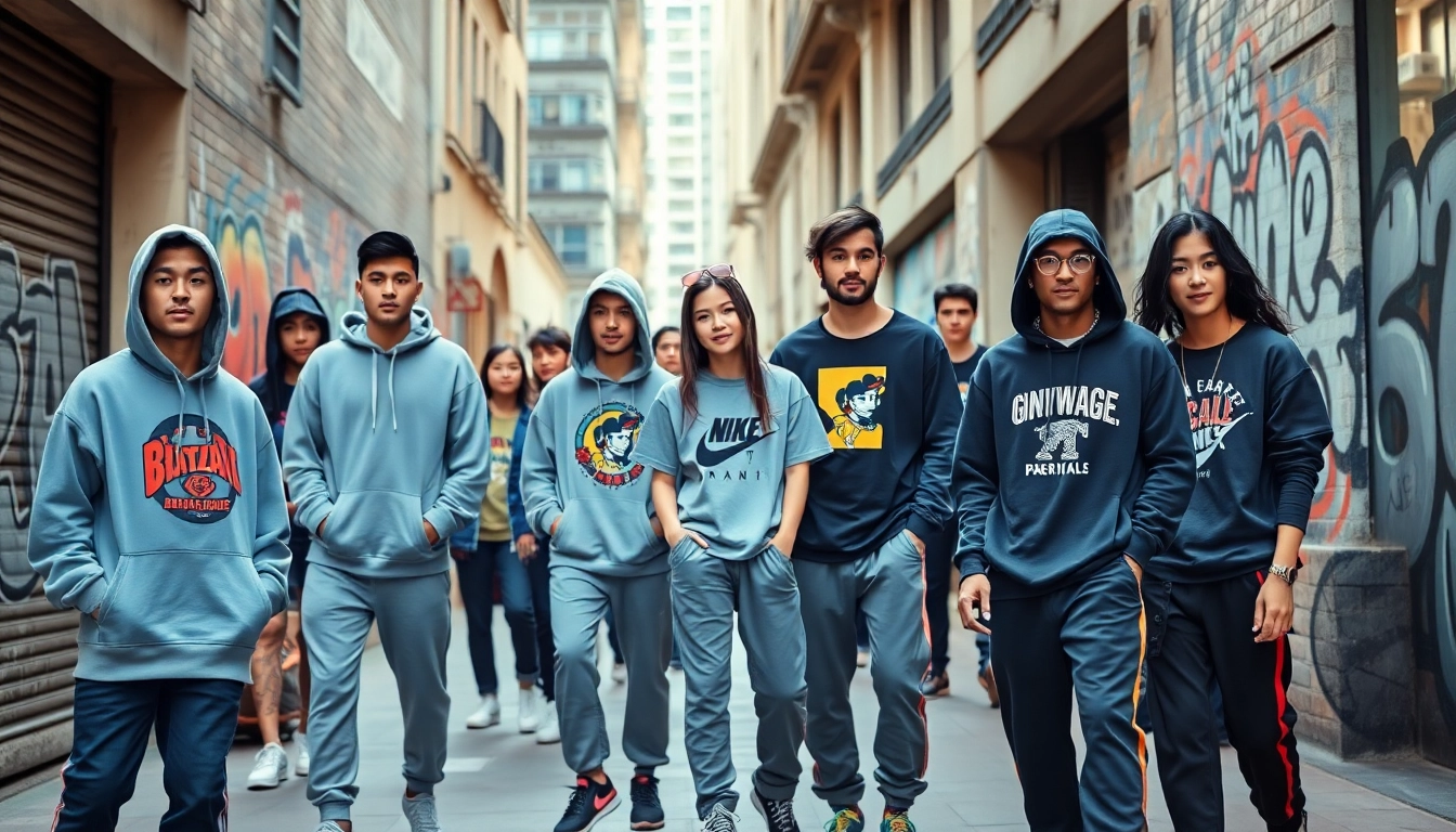 Stylish young individuals showcasing trendy streetwear clothes in an urban environment.