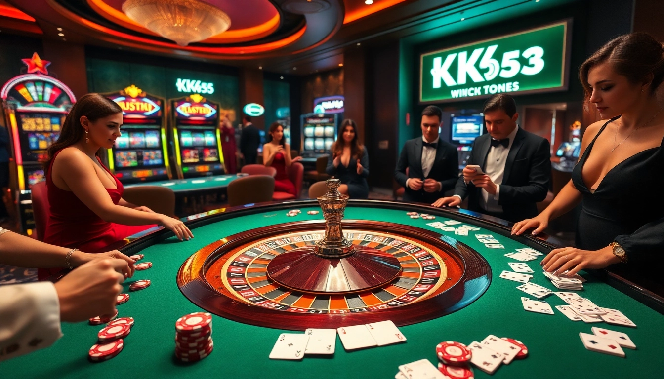 Engaging players experience luxury gambling at KK55 casino with vibrant roulette wheel and poker chips.