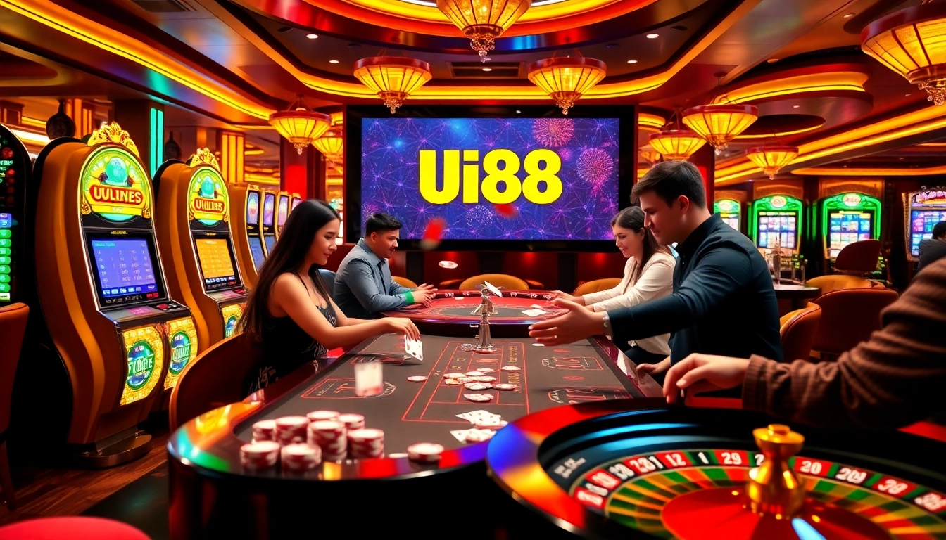 Engaged players enjoying the thrill of UU88 casino games amidst a vibrant gambling atmosphere.
