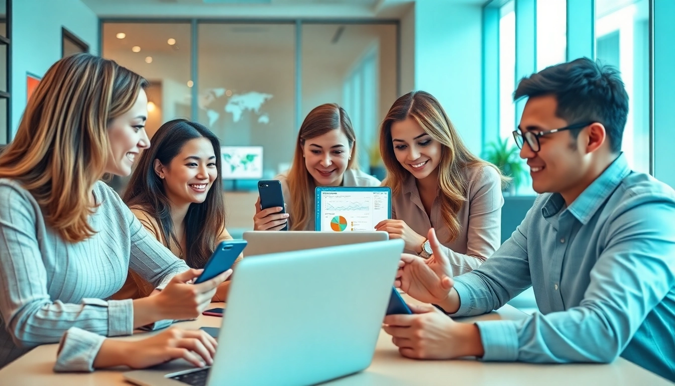 WPS官网在行动，展示不同用户在现代办公环境中使用WPS Office协作，跨多个设备工作。