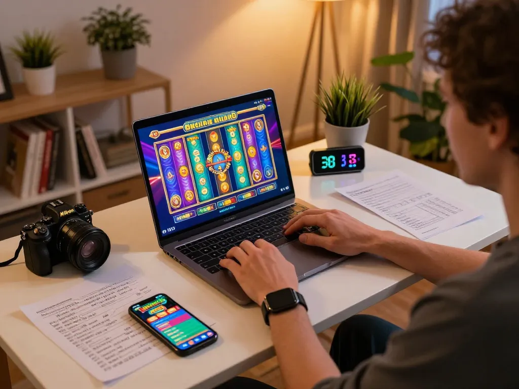 Engaging in situs slot gacor strategy while using a laptop for online slot gaming in a cozy home setting