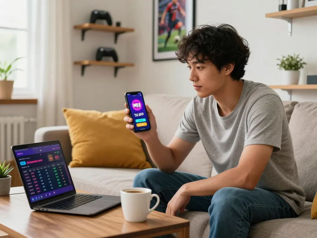 MM88 tải APP displayed on smartphone, showcasing engaging online betting experience in an inviting living room.