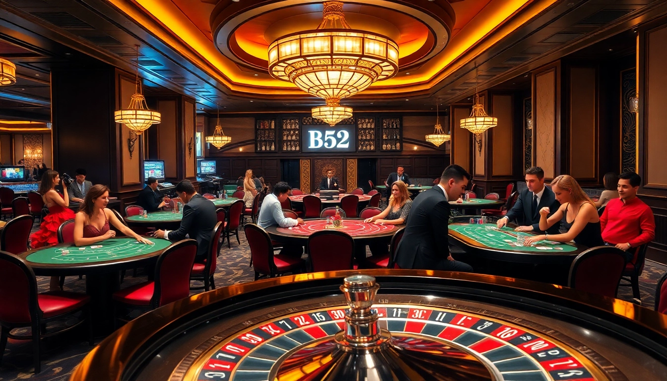 Exciting B52 gaming lounge with players enjoying poker and roulette in a luxury casino.