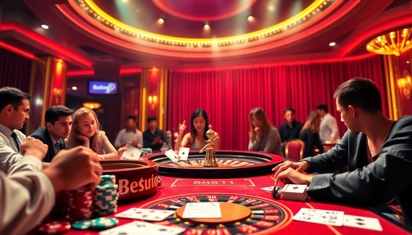 Experience the thrill of game đánh bài đổi thưởng with vibrant casino visuals showcasing poker chips and roulette wheels.